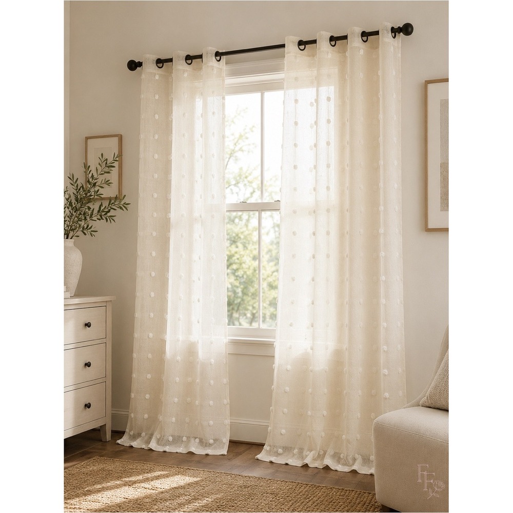 Boho Ivory Sheer Pom Pom Curtain Panels Set of 2 38" x 84" Grommet Top